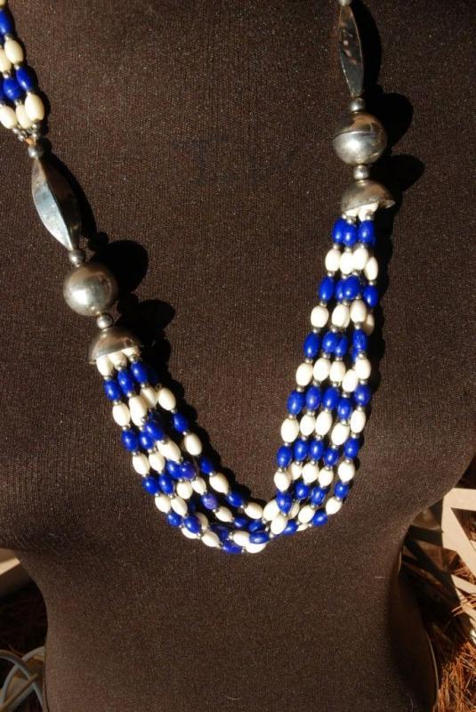 Ethnic Multi Strand Necklace of Blue Dyed Bone, Natural Bone and Silver Beads