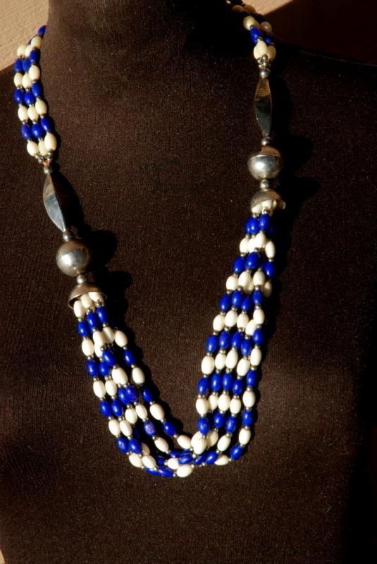 Ethnic Multi Strand Necklace of Blue Dyed Bone, Natural Bone and Silver Beads