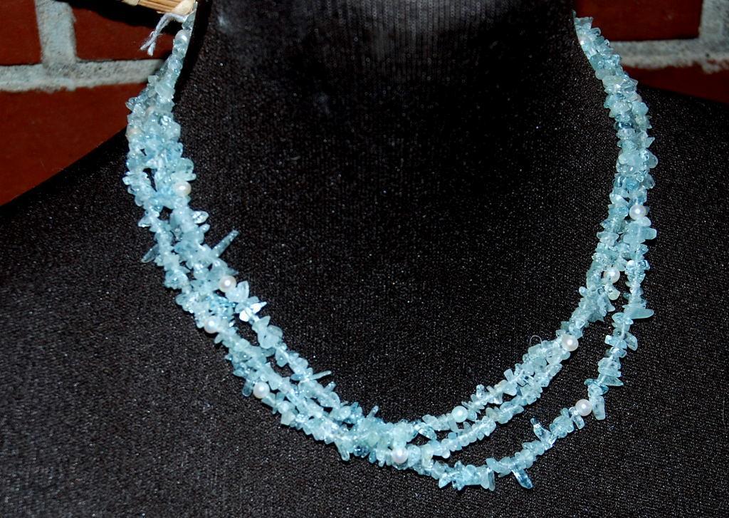 Aqua Marine Gemstone & Pearls Multi Strand Necklace