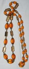 Faceted Amber Glass and Engraved Brass Necklace. Very Old