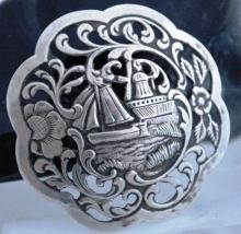 Antique Dutch Harbor Silver Repousse Brooch Pin with Sailboat and Windmill Scene