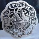 Antique Dutch Harbor Silver Repousse Brooch Pin with Sailboat and Windmill Scene