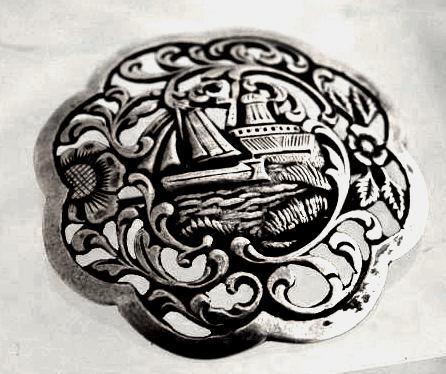 Antique Dutch Harbor Silver Repousse Brooch Pin with Sailboat and Windmill Scene