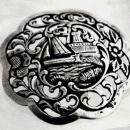 Antique Dutch Harbor Silver Repousse Brooch Pin with Sailboat and Windmill Scene