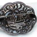 Antique Dutch Harbor Silver Repousse Brooch Pin with Sailboat and Windmill Scene