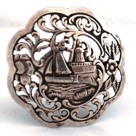 Antique Dutch Harbor Silver Repousse Brooch Pin with Sailboat and Windmill Scene