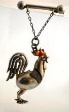 Vintage Rooster Brooch Pin of Silver with Leather Wings 3 dimensional Whimsical