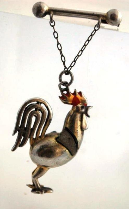 Vintage Rooster Brooch Pin of Silver with Leather Wings 3 dimensional Whimsical