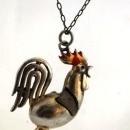 Vintage Rooster Brooch Pin of Silver with Leather Wings 3 dimensional Whimsical