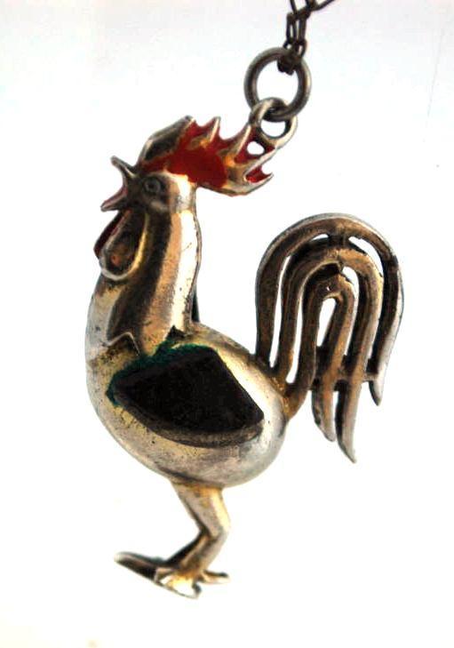 Vintage Rooster Brooch Pin of Silver with Leather Wings 3 dimensional Whimsical
