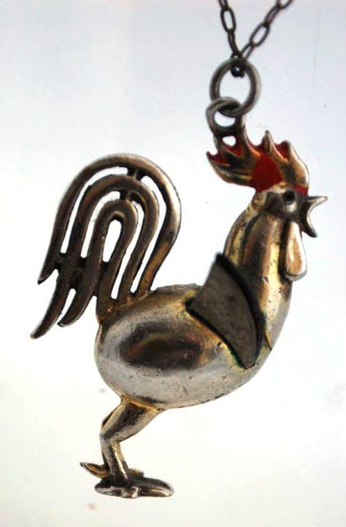 Vintage Rooster Brooch Pin of Silver with Leather Wings 3 dimensional Whimsical