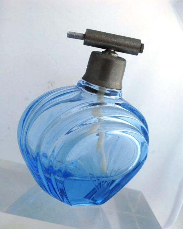 Blue Etched Glass Perfume Bottle -Finland Glass
