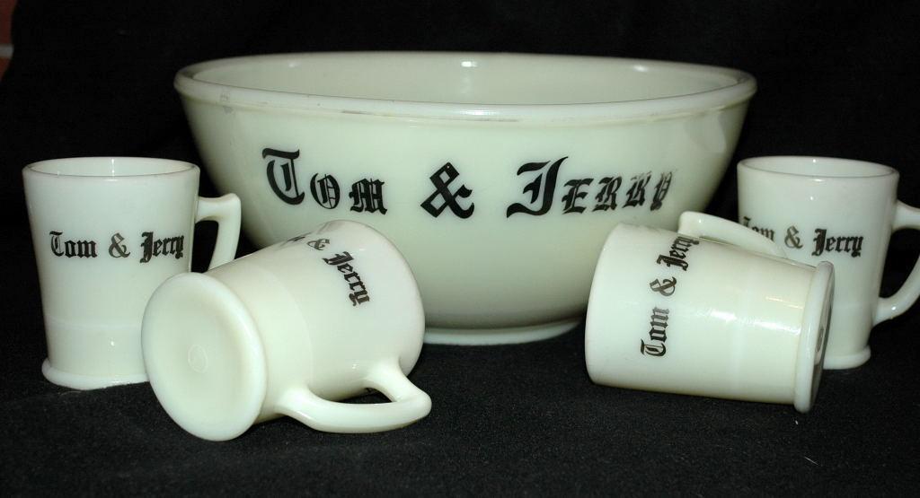 Vintage McKee Custard Glass Tom & Jerry Bowl and Mugs Set