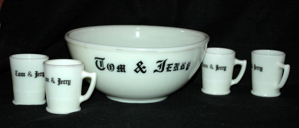Vintage McKee Custard Glass Tom & Jerry Bowl and Mugs Set