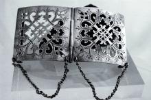 Large Silver Open Work Belt Buckle, Antique with Chain