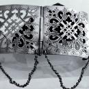 Large Silver Open Work Belt Buckle, Antique with Chain