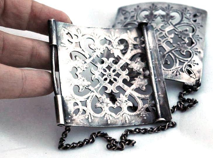 Large Silver Open Work Belt Buckle, Antique with Chain