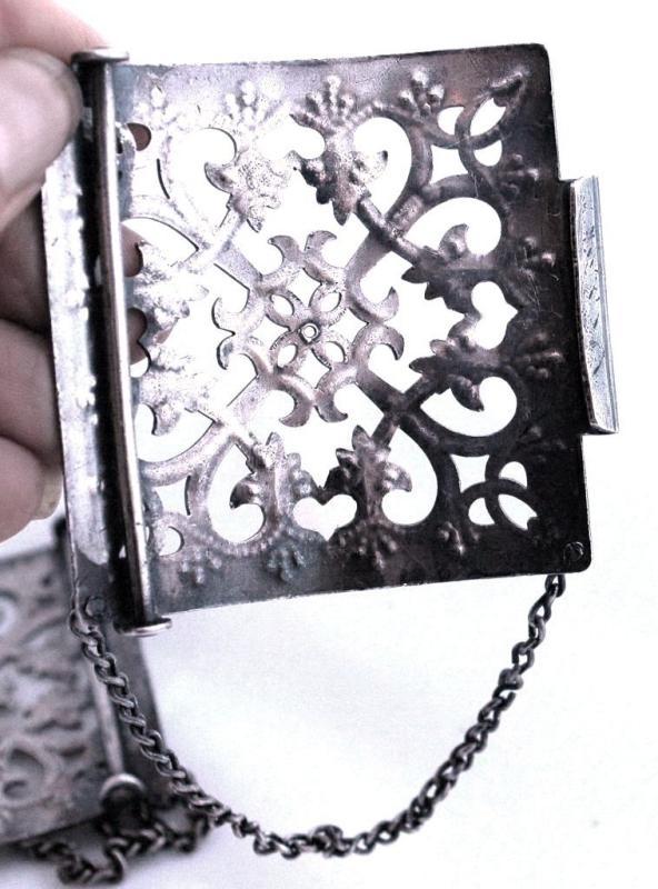 Large Silver Open Work Belt Buckle, Antique with Chain
