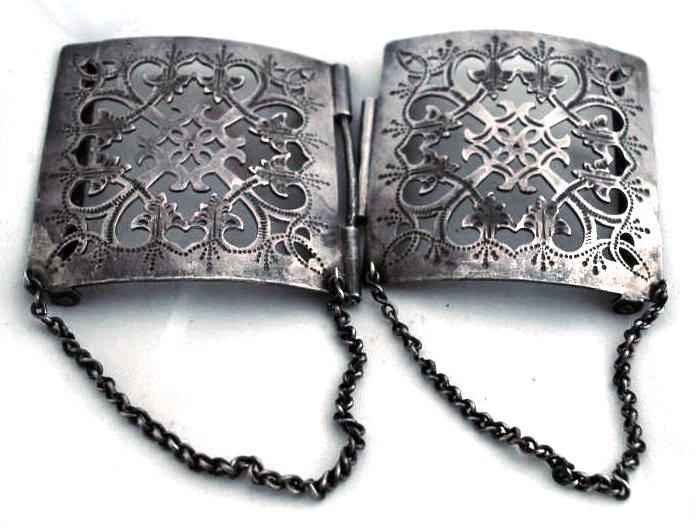 Large Silver Open Work Belt Buckle, Antique with Chain