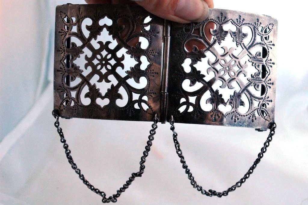 Large Silver Open Work Belt Buckle, Antique with Chain