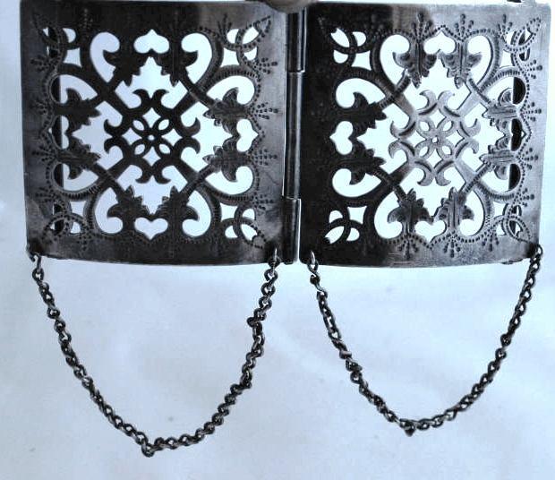 Large Silver Open Work Belt Buckle, Antique with Chain