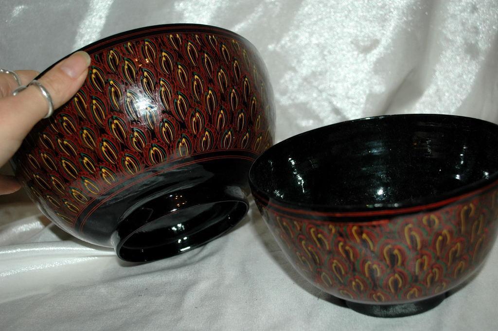 Asian Lacquer-Ware Bowl 2 nesting set, Black, Cinnabar Hand Painted Feathering