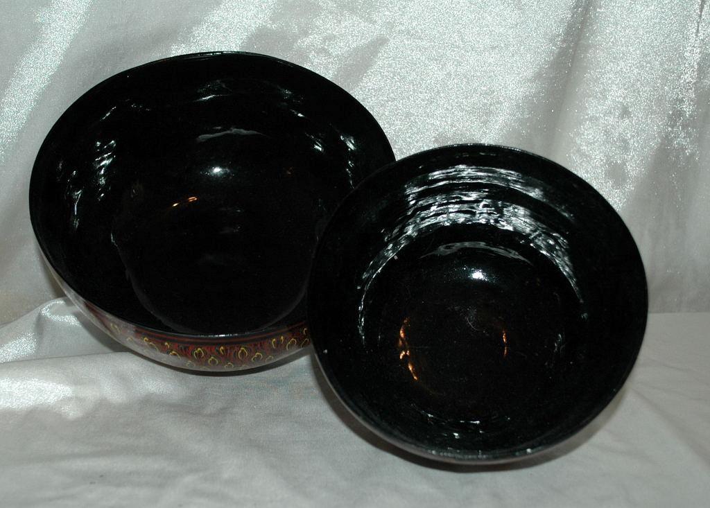 Asian Lacquer-Ware Bowl 2 nesting set, Black, Cinnabar Hand Painted Feathering