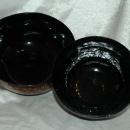 Asian Lacquer-Ware Bowl 2 nesting set, Black, Cinnabar Hand Painted Feathering