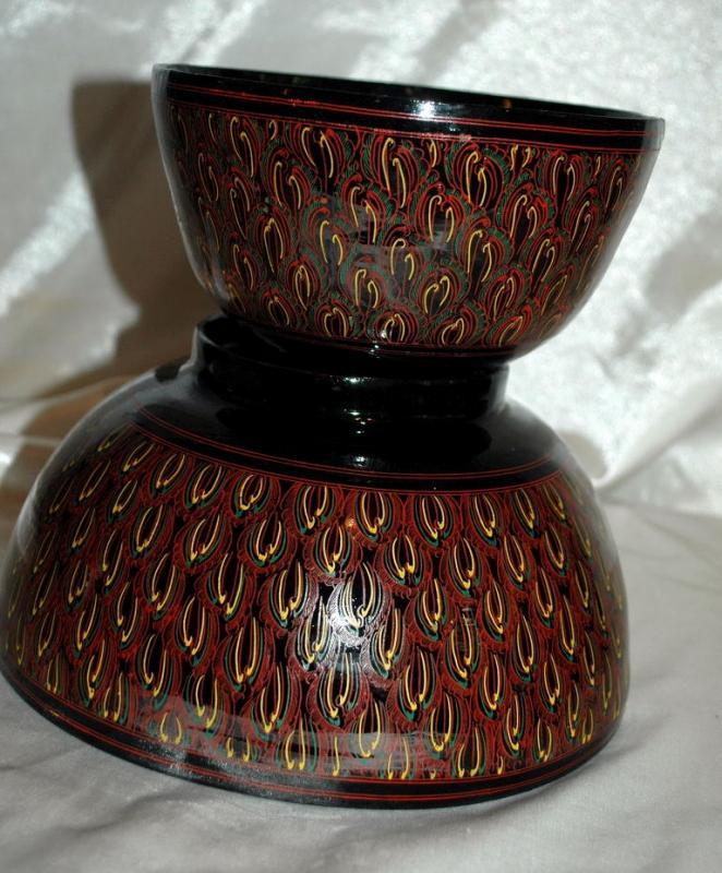 Asian Lacquer-Ware Bowl 2 nesting set, Black, Cinnabar Hand Painted Feathering