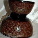 Asian Lacquer-Ware Bowl 2 nesting set, Black, Cinnabar Hand Painted Feathering