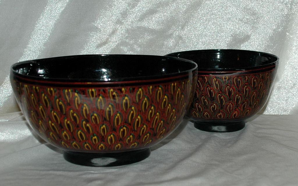 Asian Lacquer-Ware Bowl 2 nesting set, Black, Cinnabar Hand Painted Feathering