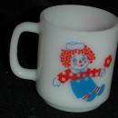 Raggedy Ann and Andy Pyrex milk glass vintage coffee cup or mug