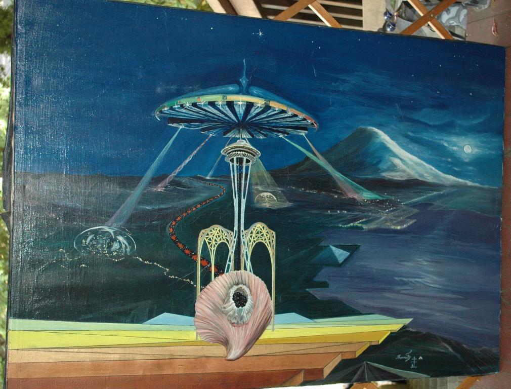Very Large Original Painting Surrealist , Space, Space Needle Seattle, Seashell Signed Thomeh S.