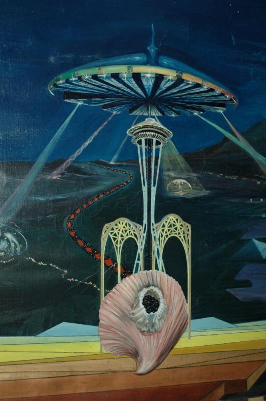 Very Large Original Painting Surrealist , Space, Space Needle Seattle, Seashell Signed Thomeh S.