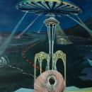 Very Large Original Painting Surrealist , Space, Space Needle Seattle, Seashell Signed Thomeh S.