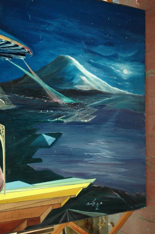 Very Large Original Painting Surrealist , Space, Space Needle Seattle, Seashell Signed Thomeh S.