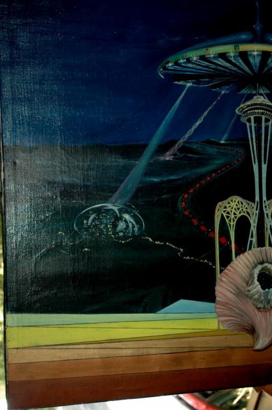 Very Large Original Painting Surrealist , Space, Space Needle Seattle, Seashell Signed Thomeh S.