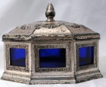 Silver with Cobalt Blue Glass Box -Octagonal- Trinket or Candy Container