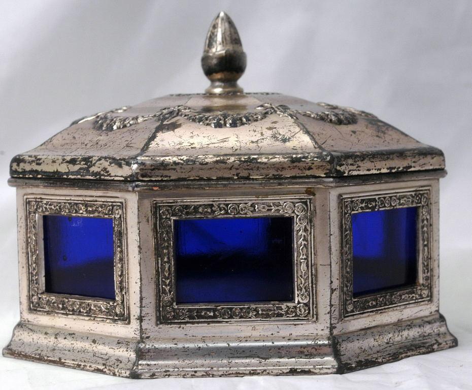 Silver with Cobalt Blue Glass Box -Octagonal- Trinket or Candy Container