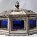Silver with Cobalt Blue Glass Box -Octagonal- Trinket or Candy Container
