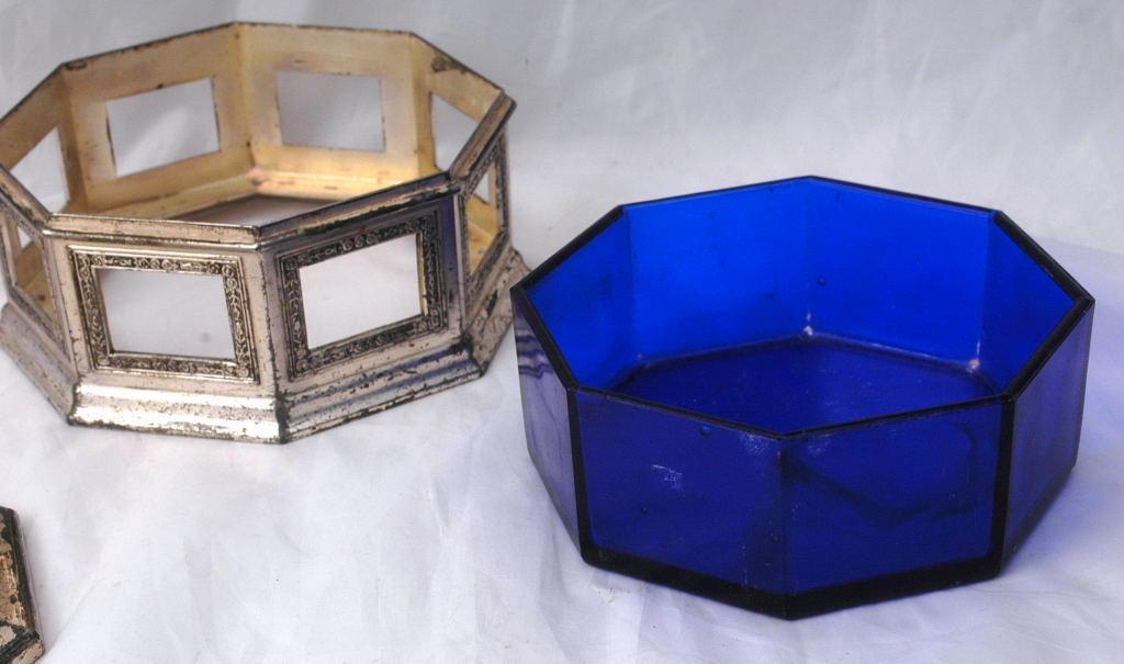Silver with Cobalt Blue Glass Box -Octagonal- Trinket or Candy Container
