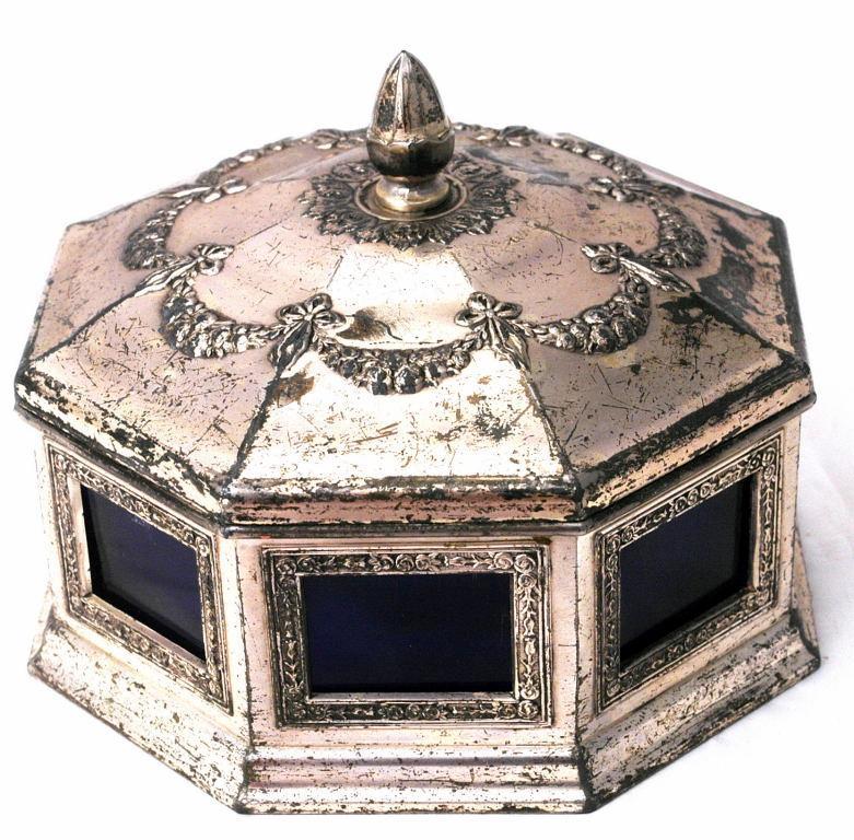 Silver with Cobalt Blue Glass Box -Octagonal- Trinket or Candy Container