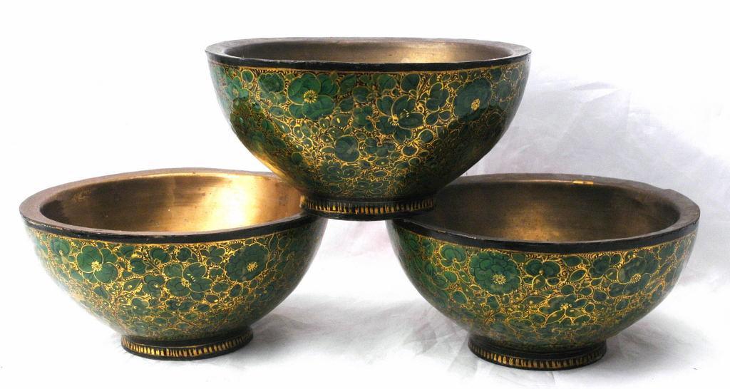 3 Footed Lacquered Papier Mache Bowl Brass Lined Persian or Suffering Moses?