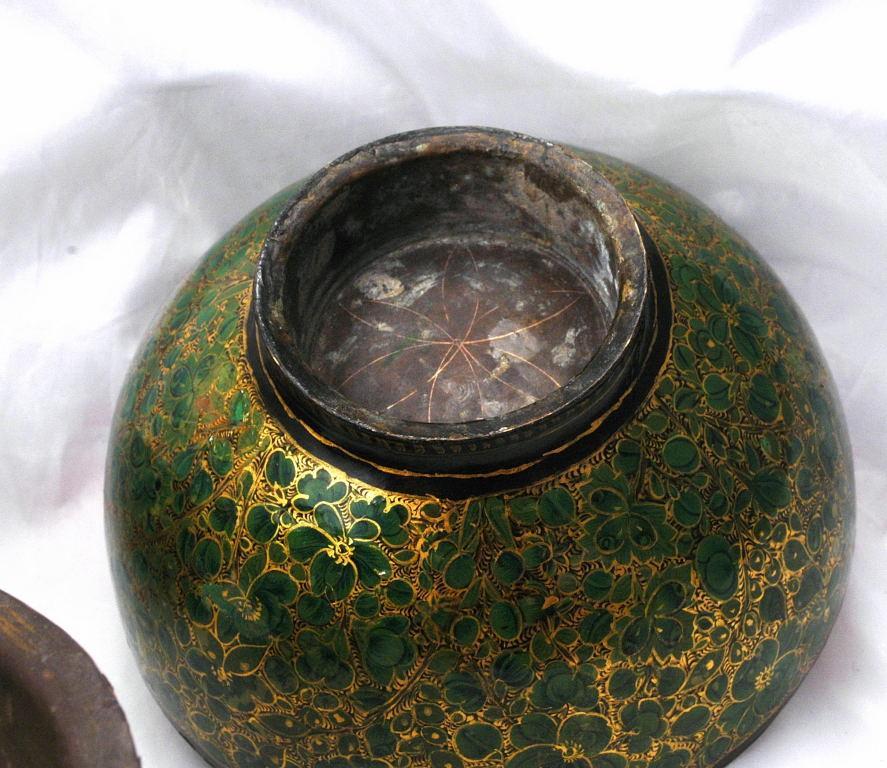 3 Footed Lacquered Papier Mache Bowl Brass Lined Persian or Suffering Moses?