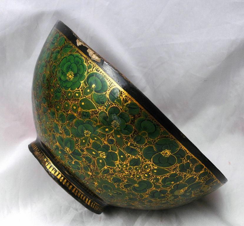 3 Footed Lacquered Papier Mache Bowl Brass Lined Persian or Suffering Moses?