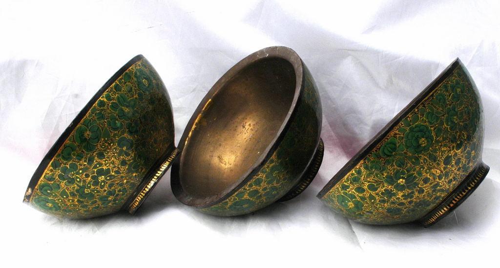 3 Footed Lacquered Papier Mache Bowl Brass Lined Persian or Suffering Moses?