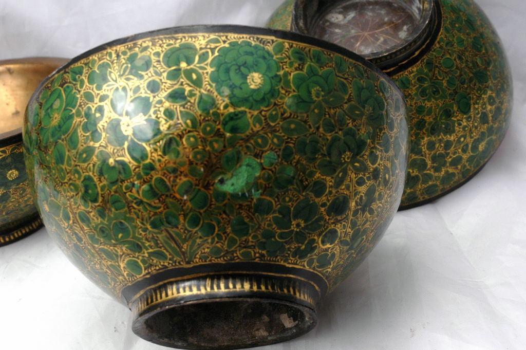3 Footed Lacquered Papier Mache Bowl Brass Lined Persian or Suffering Moses?