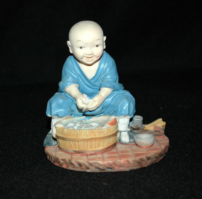 Hand Made Chinese Monk Seated, Washing Dishes Artist Signed