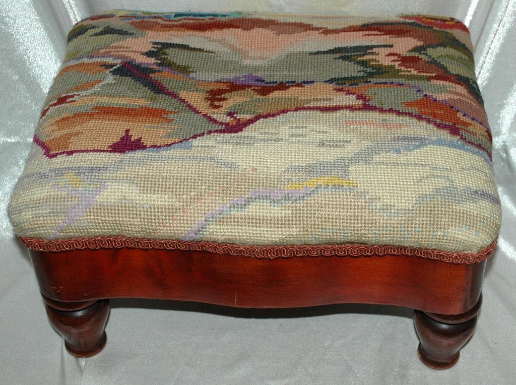 Nice Old Foot Stool with Mountain Landscape Tapestry