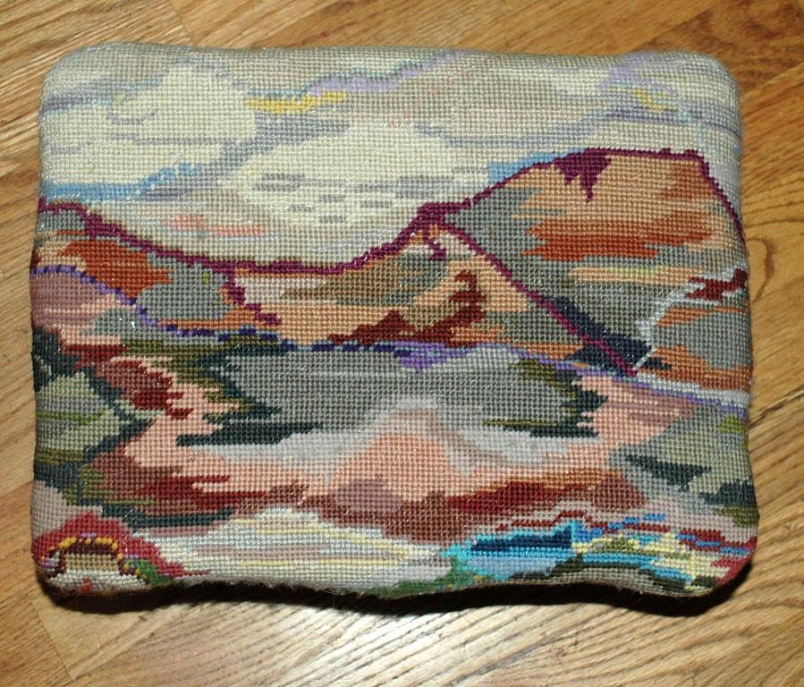 Nice Old Foot Stool with Mountain Landscape Tapestry